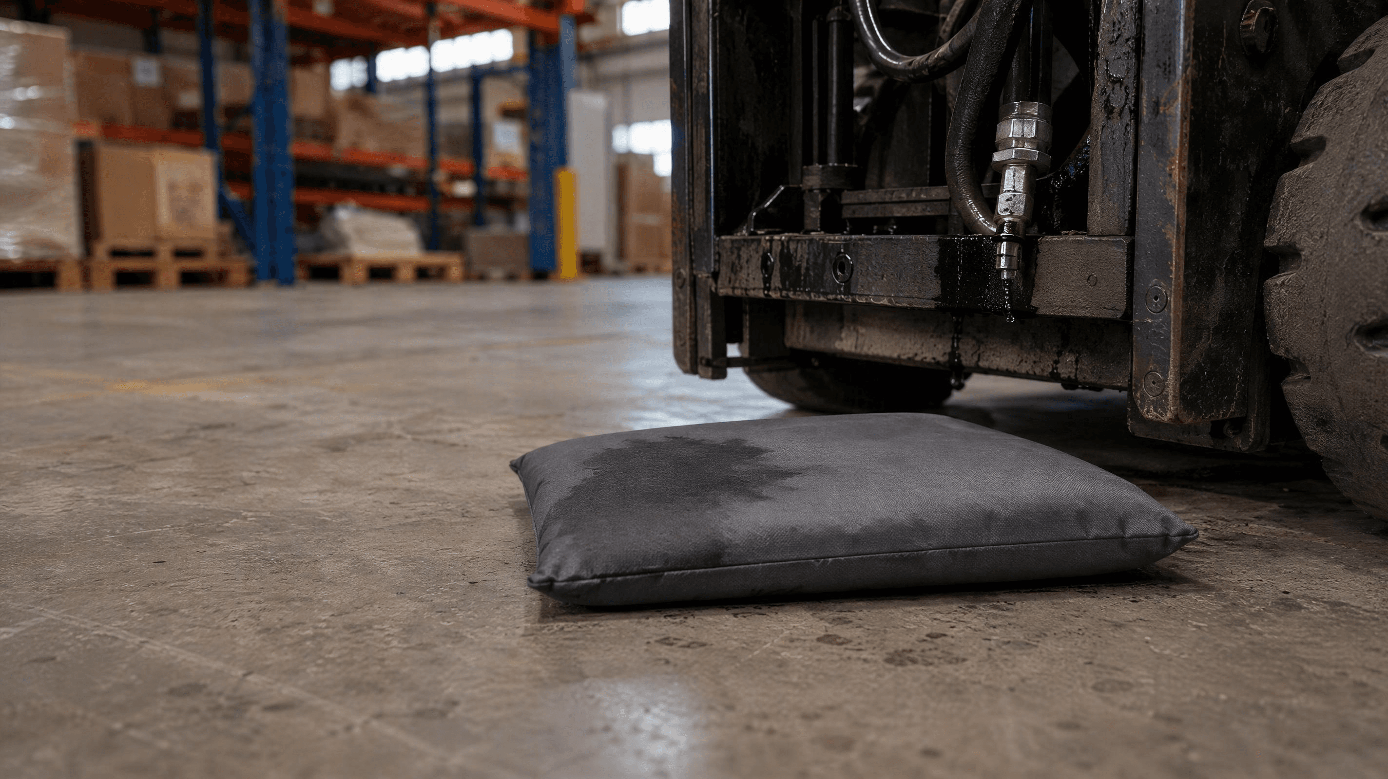 Gray absorbent pillows under a forklift hydraulic drip