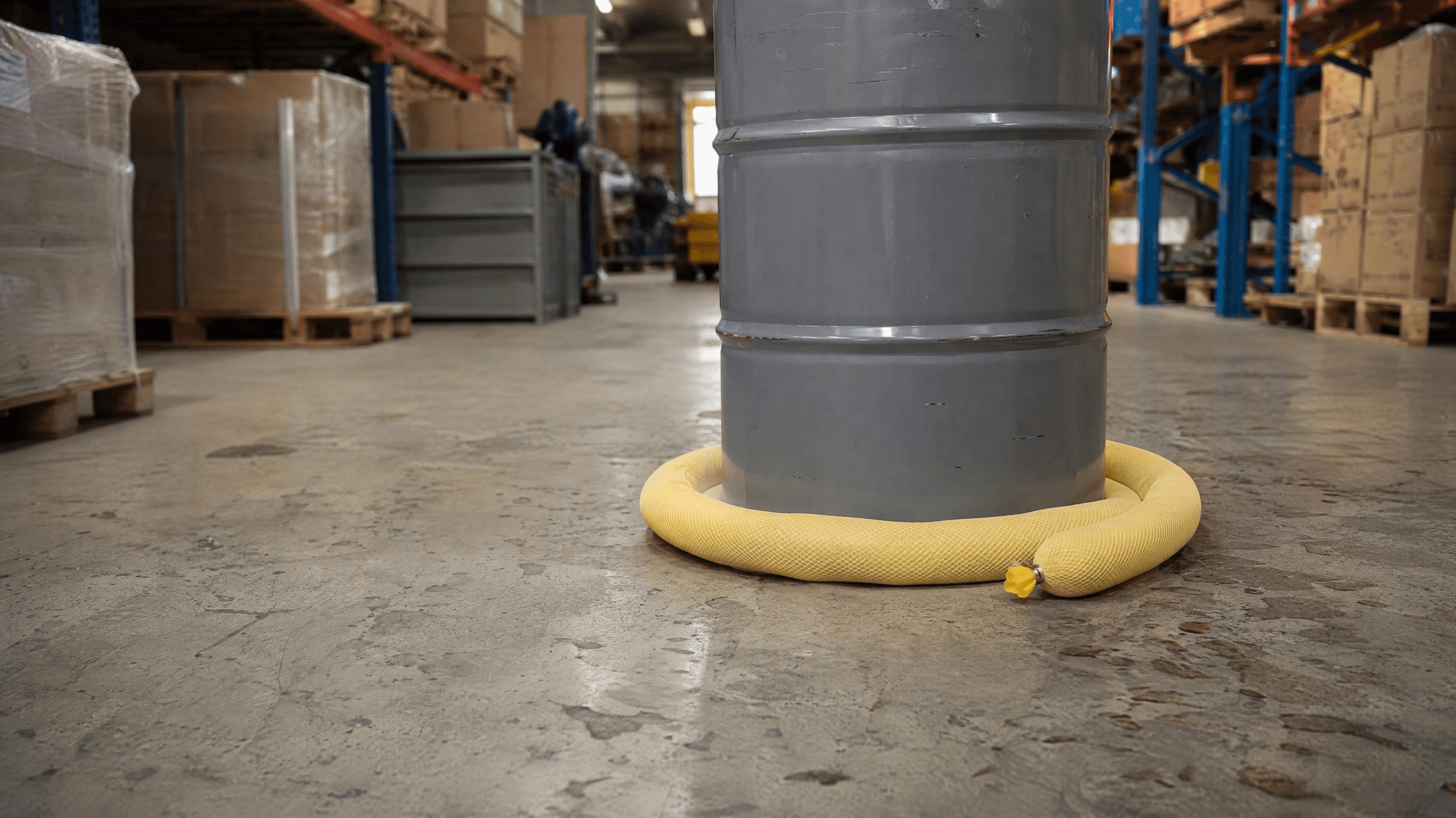 Yellow absorbent socks containing a drum base leak